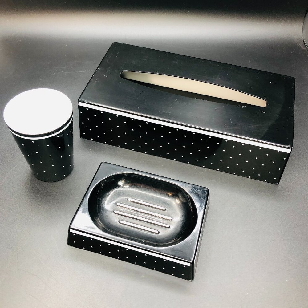 60s Mod Black and White Polka Dots Bathroom Accessory SET Tissue Box Cover Soap